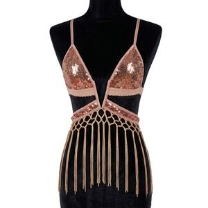 New XS Rose Gold Sequin Festival Bralette Body Macrame Fringe Rave Top
